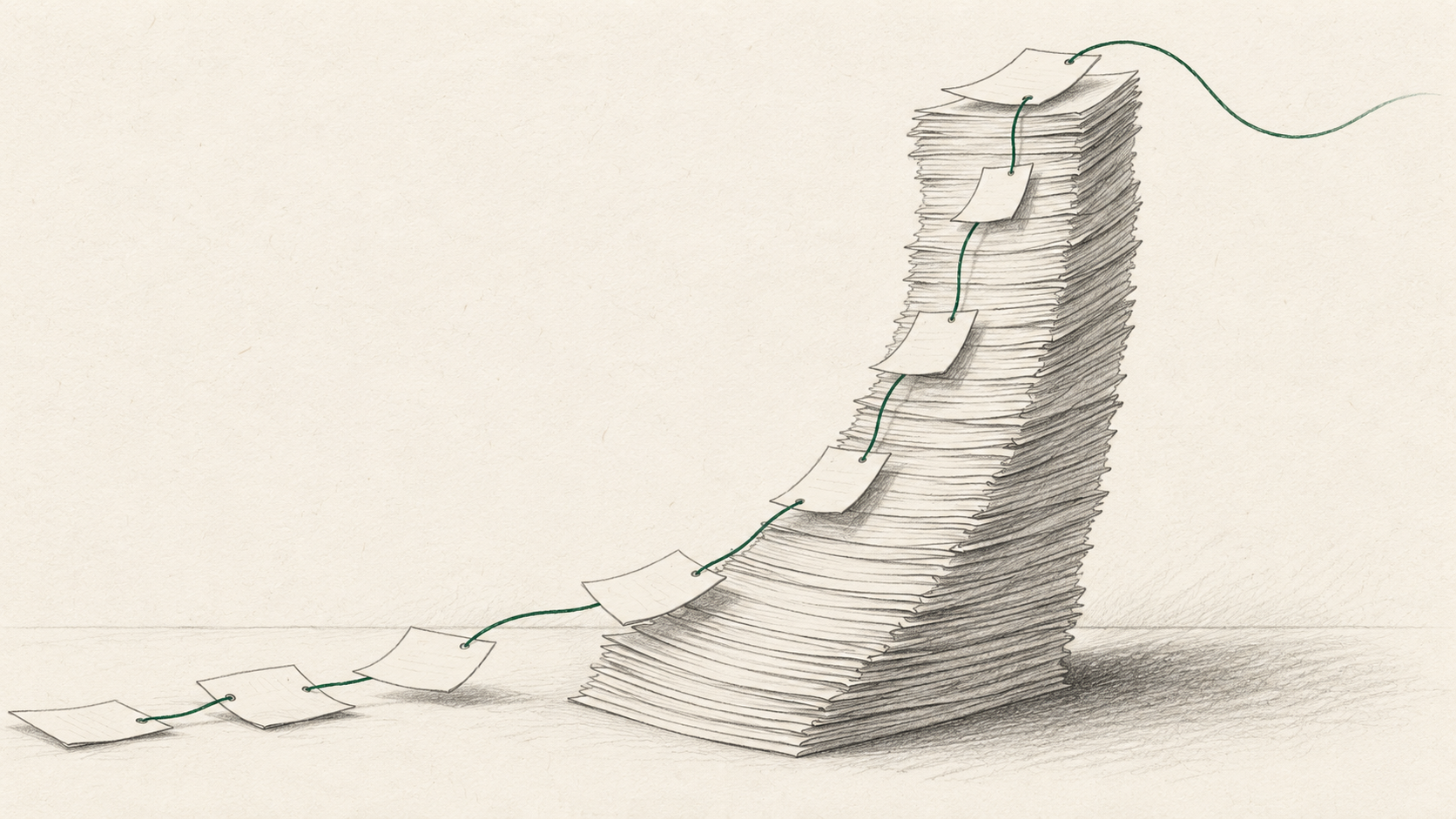 A tall paper stack and a continuous thread representing long context