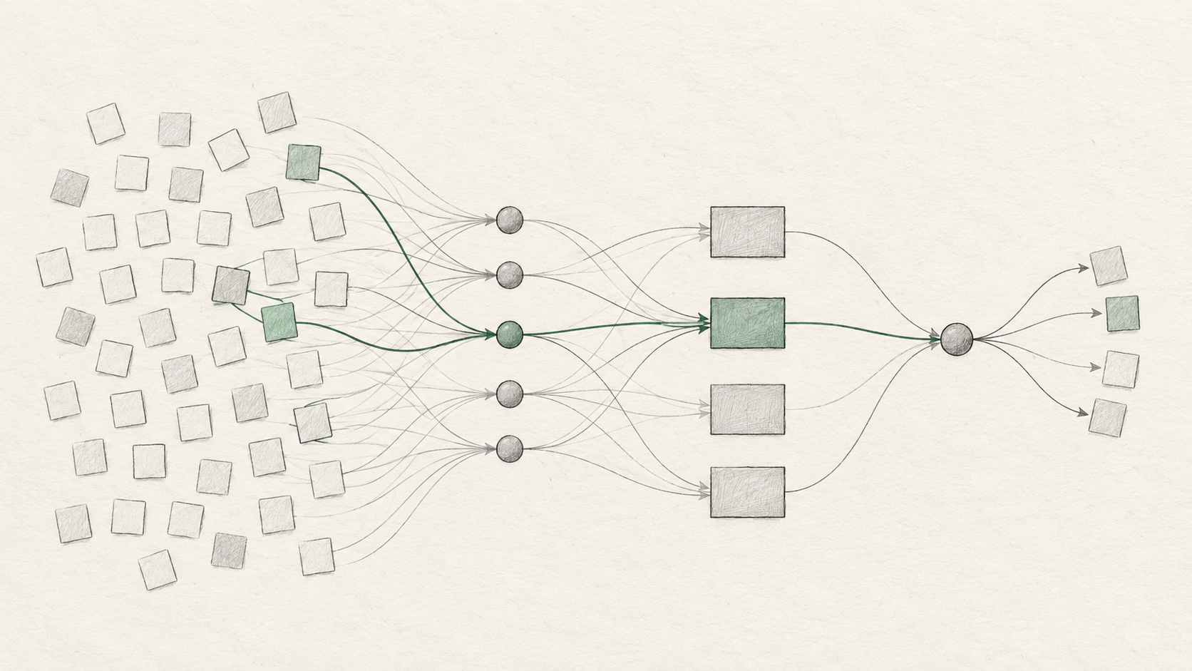 Minimal sketch of selective routing through a granular Mixture-of-Experts architecture